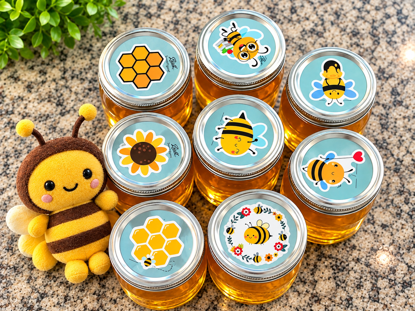 Call Me Honey jars with decorative bee lids