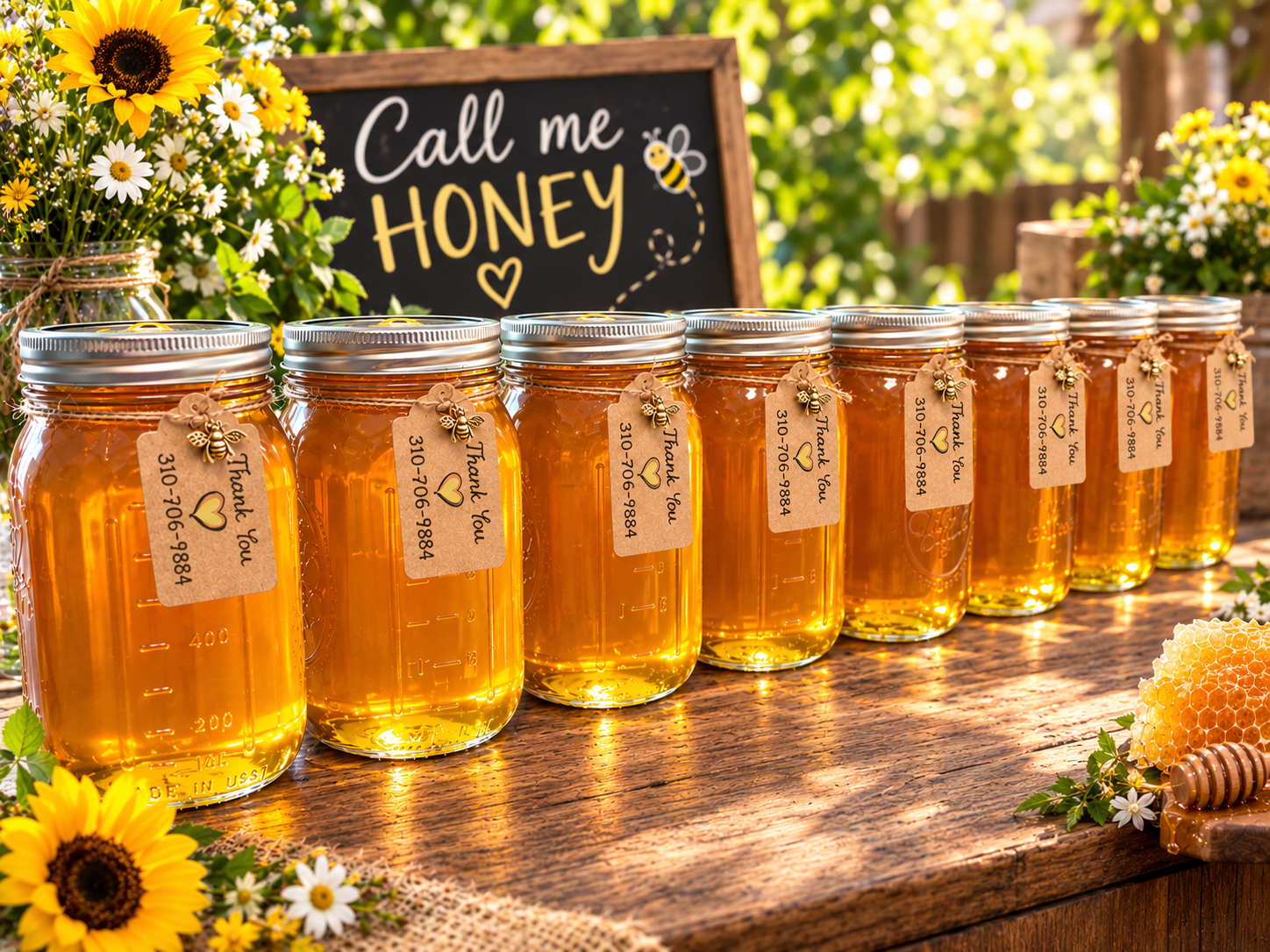 Call Me Honey mason jars displayed outdoors